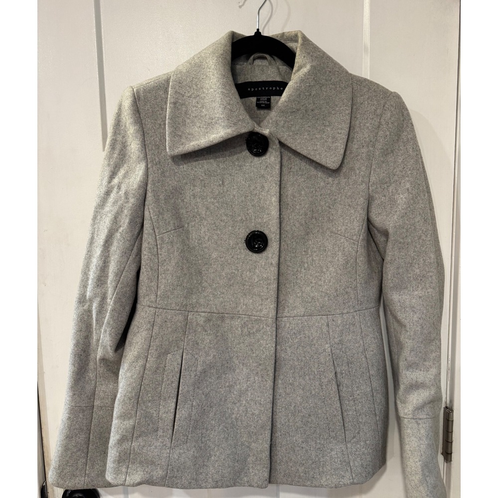 Apostrophe Womens Heather Gray Wool Blend Button Front Pea Coat Jacket Size S/C